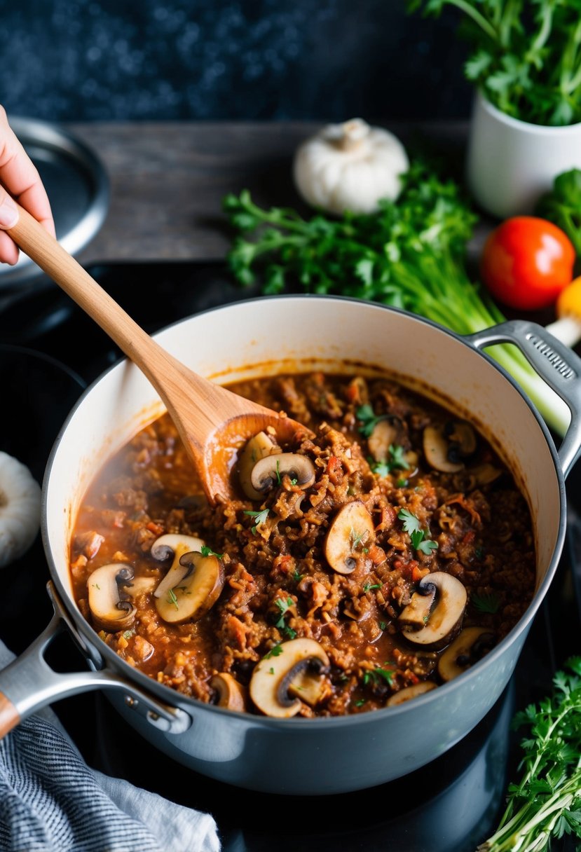 A pot of mushroom Bolognese simmers on the stove, with a wooden spoon stirring the rich, meaty sauce made from impossible ground beef, surrounded by fresh herbs and vegetables