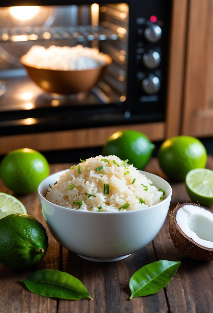 A bowl of coconut lime jasmine rice sits on a wooden table, surrounded by fresh limes and coconuts. The oven is visible in the background