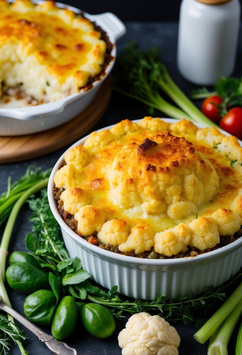 A bubbling cauliflower shepherd's pie, surrounded by fresh vegetables and herbs, with a golden, crispy crust on top