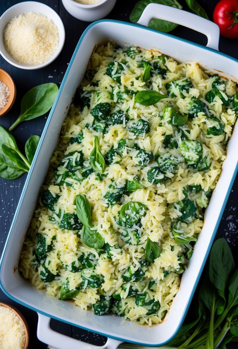 A baking dish filled with creamy spinach parmesan rice, surrounded by fresh ingredients and a sprinkle of parmesan cheese