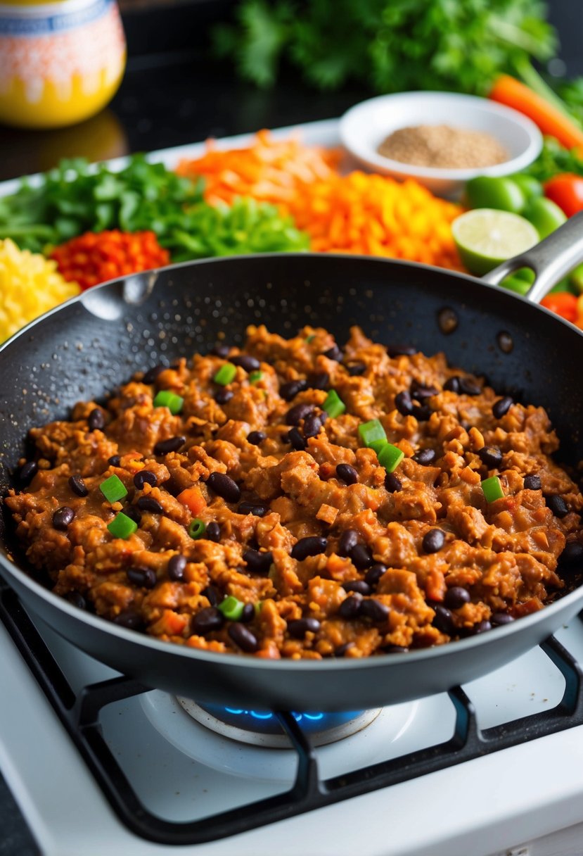 A sizzling skillet of black bean sloppy joes cooking on the stove, surrounded by colorful chopped veggies and spices