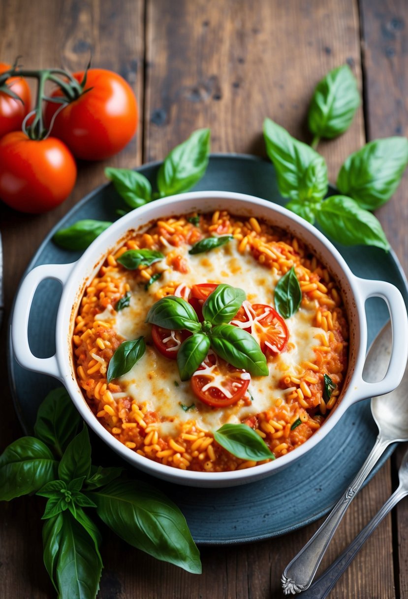 A bubbling dish of tomato basil baked risotto, surrounded by fresh basil leaves and ripe tomatoes, sits on a rustic wooden table