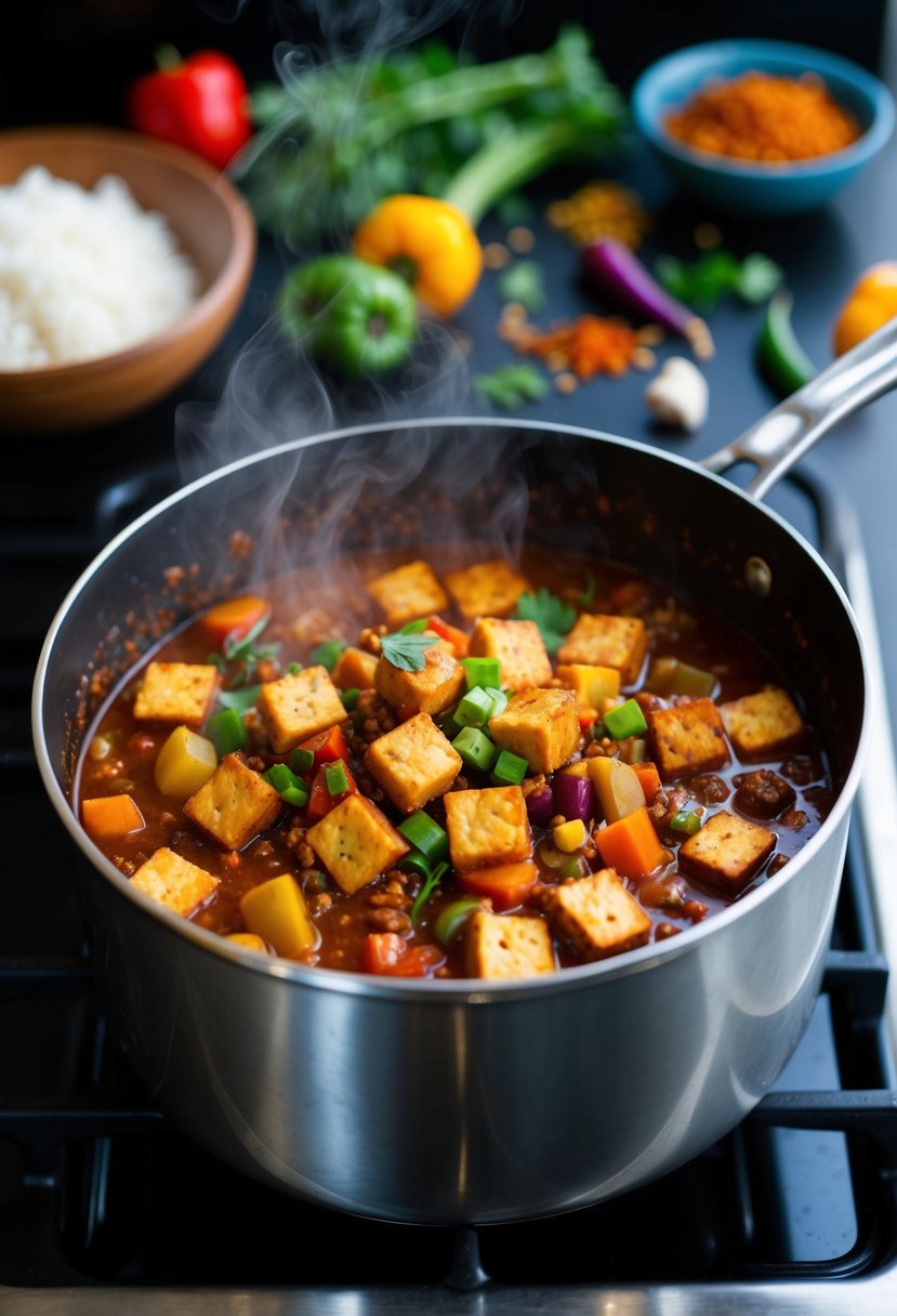 A steaming pot of tempeh chili simmers on the stove, with colorful vegetables and spices scattered around