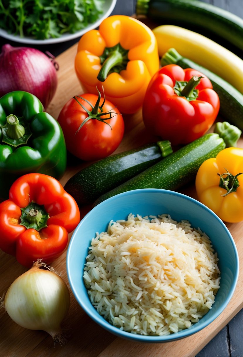 A colorful array of Mediterranean vegetables, including bell peppers, tomatoes, zucchini, and onions, arranged on a wooden cutting board next to a bowl of uncooked rice