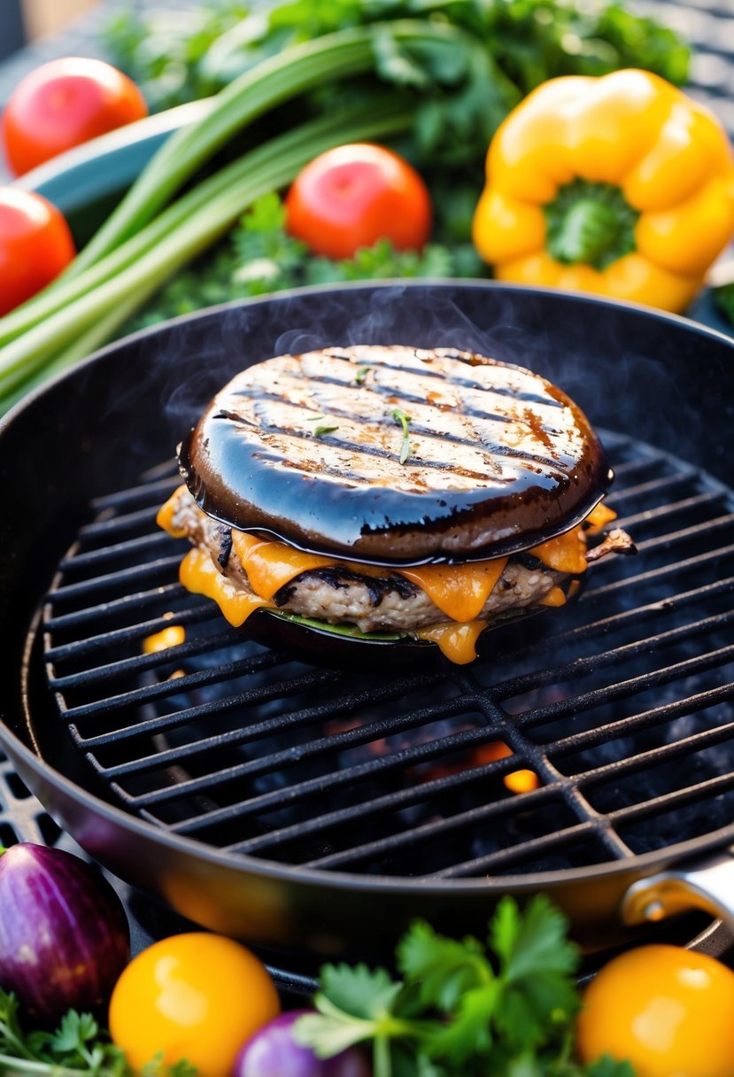 A sizzling eggplant burger cooks on a grill, surrounded by vibrant vegetables and herbs