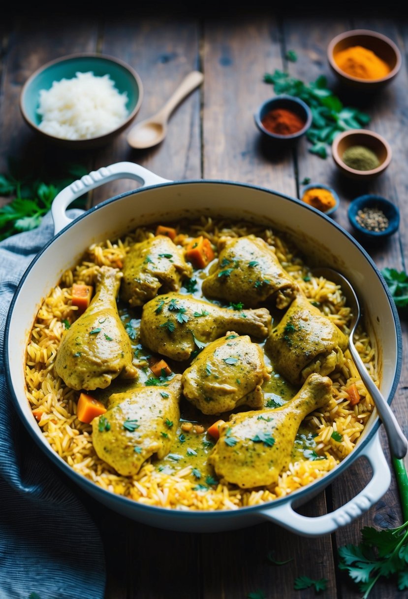 A baking dish filled with creamy curry chicken and rice, surrounded by colorful spices and herbs, sits on a rustic wooden table