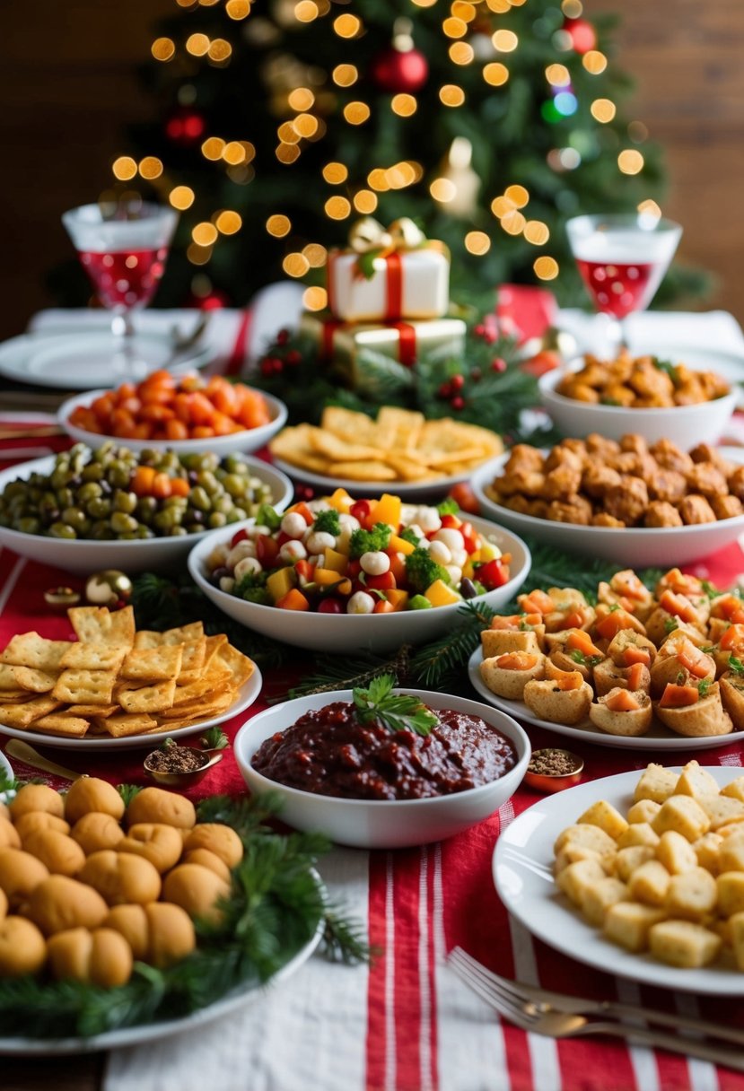 A festive table spread with assorted finger foods and appetizers for a Christmas celebration