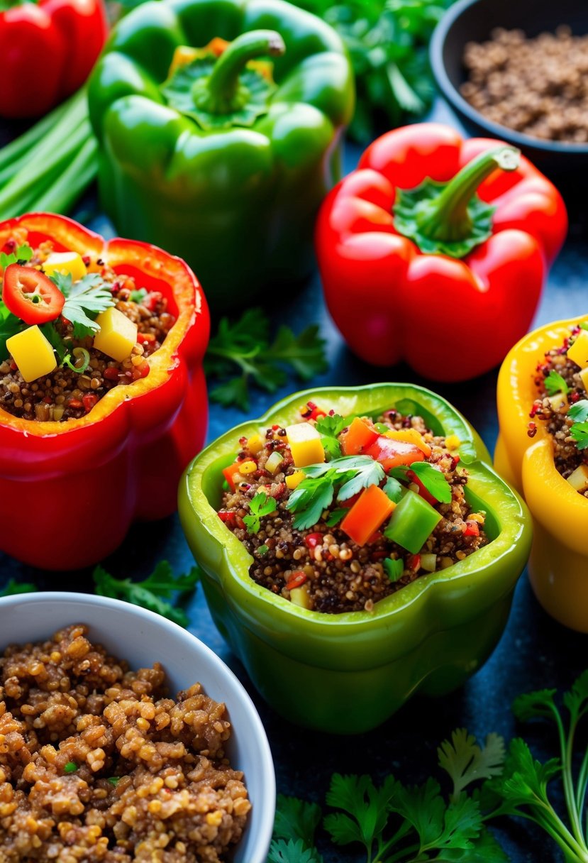 Colorful quinoa-stuffed peppers surrounded by vibrant vegetables and herbs, with a bowl of impossible ground beef nearby