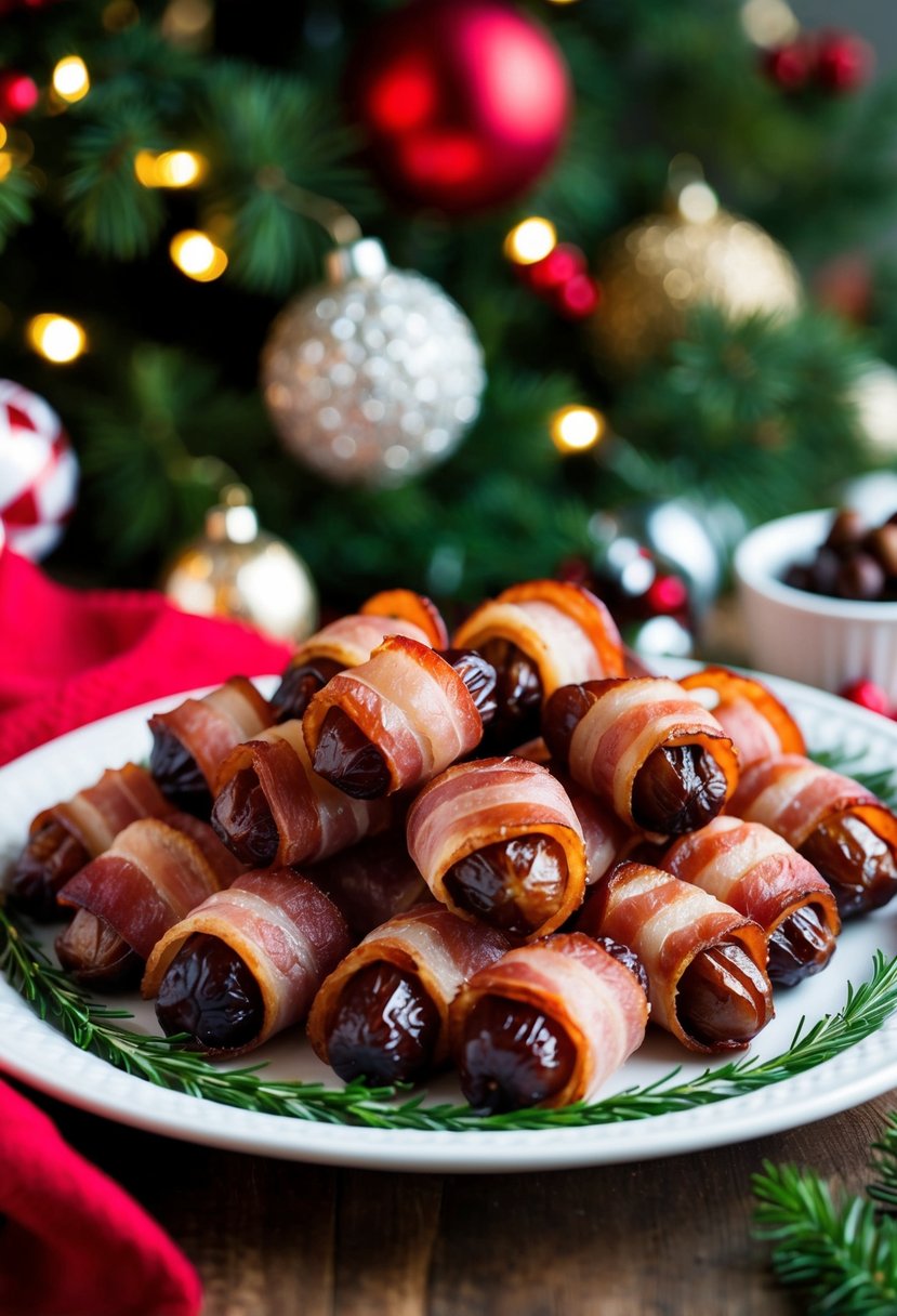 Bacon-wrapped dates arranged on a festive platter with holiday decorations in the background