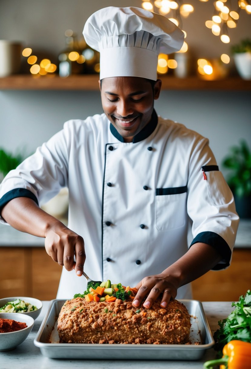 A chef mixing tofu, spices, and vegetables in a bowl, forming a meatloaf shape on a baking sheet