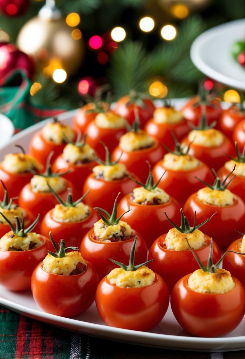 Cherry tomatoes stuffed with savory fillings arranged on a festive platter for a holiday party