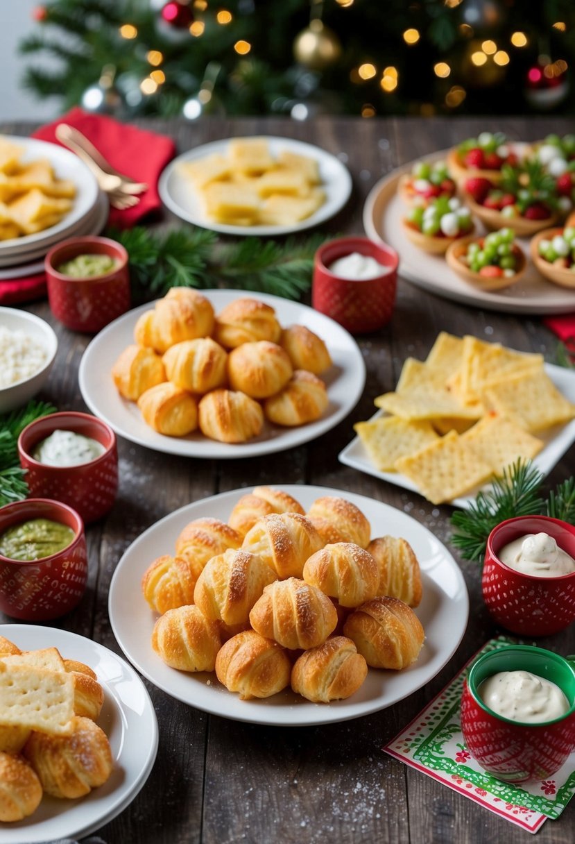 A festive table spread with Parmesan Twists, surrounded by holiday decorations and appetizer recipes