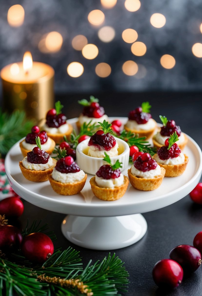 A platter of Cranberry Brie Bites arranged with festive garnish for a Christmas appetizer spread