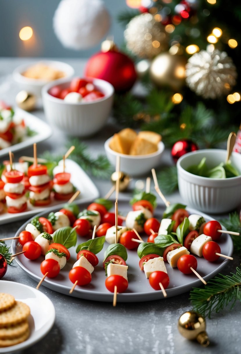 A festive table setting with mini Caprese skewers arranged on a platter, surrounded by holiday decorations and appetizers