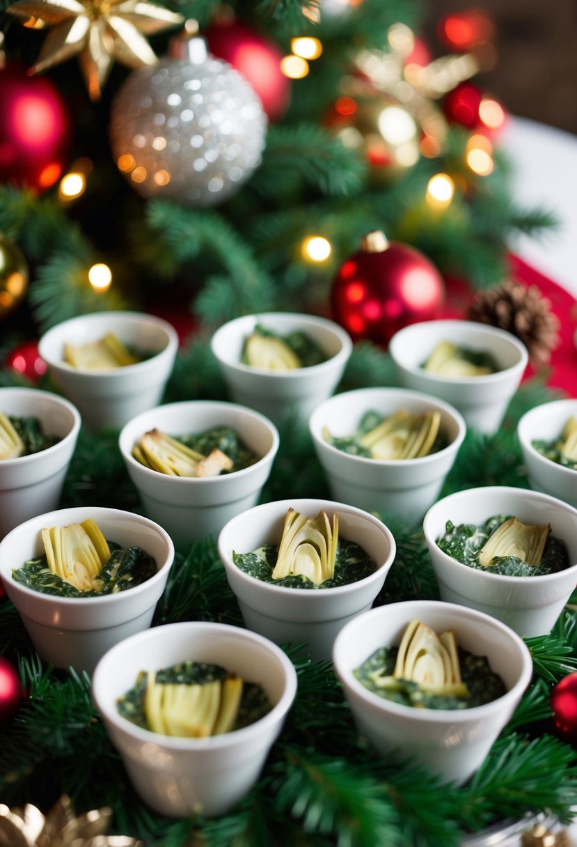 A festive table spread with spinach artichoke cups, surrounded by holiday decorations