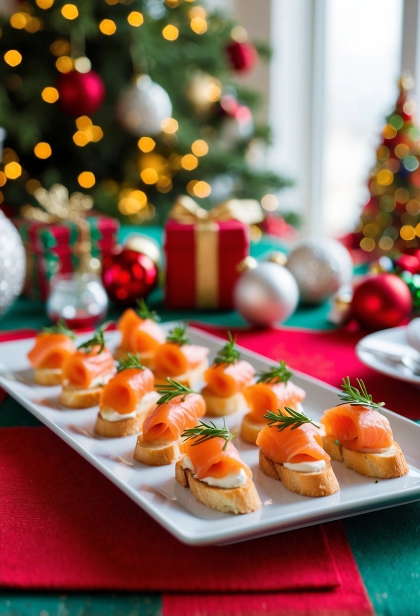 A platter of smoked salmon crostini arranged on a festive Christmas table with holiday decorations in the background