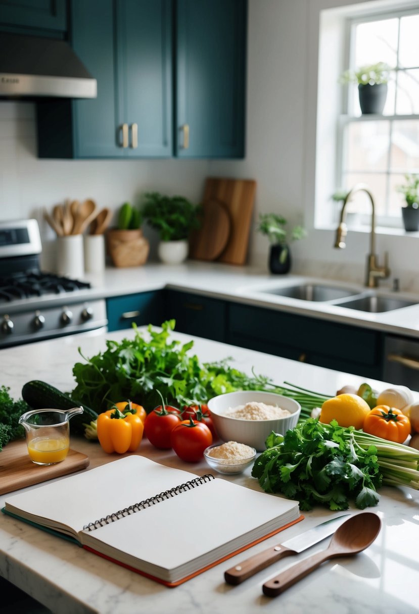 A kitchen counter with fresh ingredients, a cookbook, and cooking utensils laid out for preparing FWTFL recipes