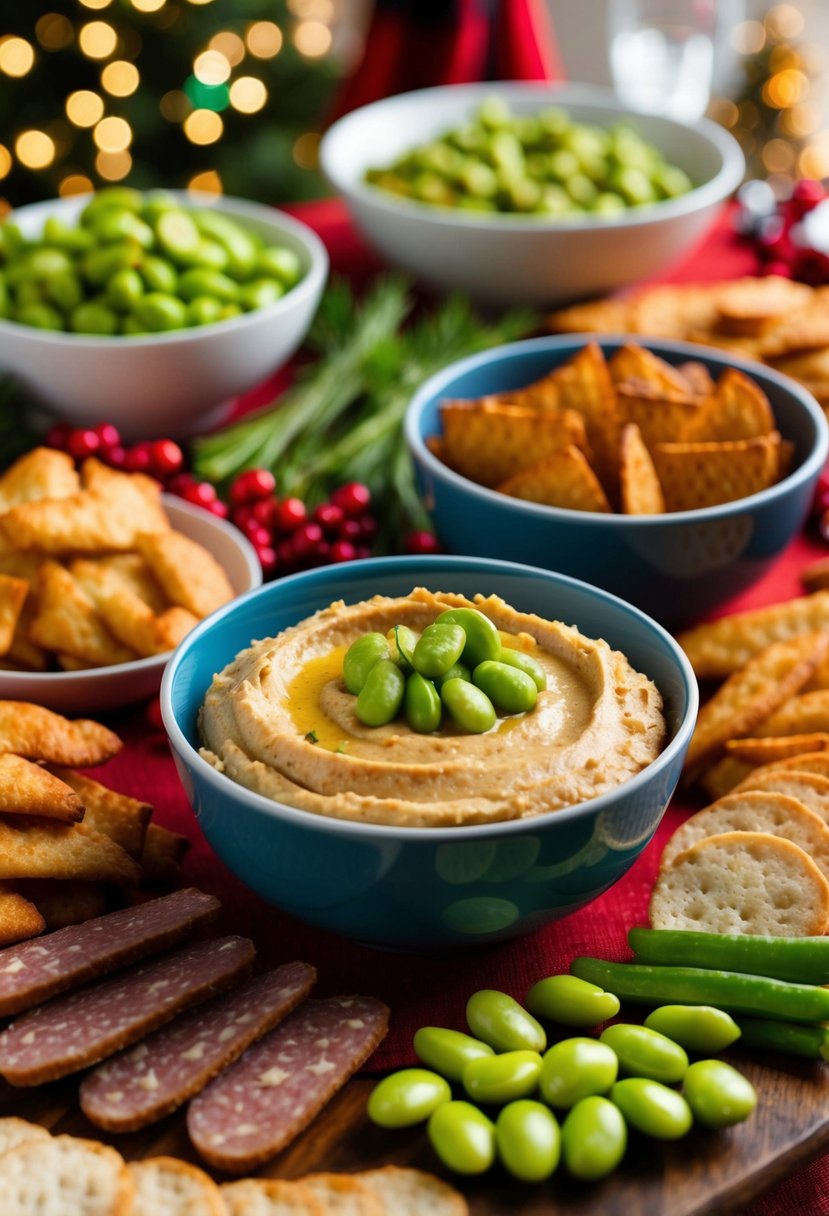 A festive table spread with a bowl of edamame hummus dip surrounded by assorted finger foods, ready for a Christmas appetizer spread