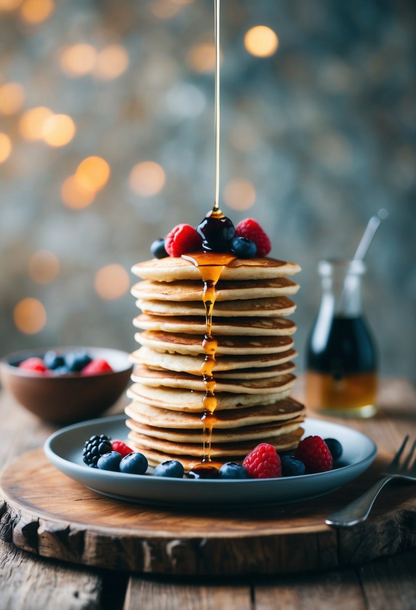 A stack of keto almond flour pancakes with fresh berries and a drizzle of sugar-free syrup on a rustic wooden table