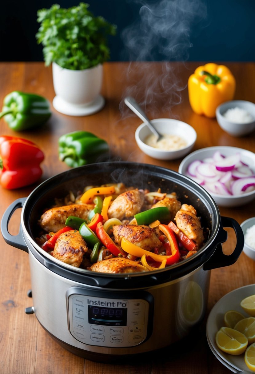 A sizzling skillet of chicken, bell peppers, and onions cooking in an Instant Pot, emitting fragrant fajita spices