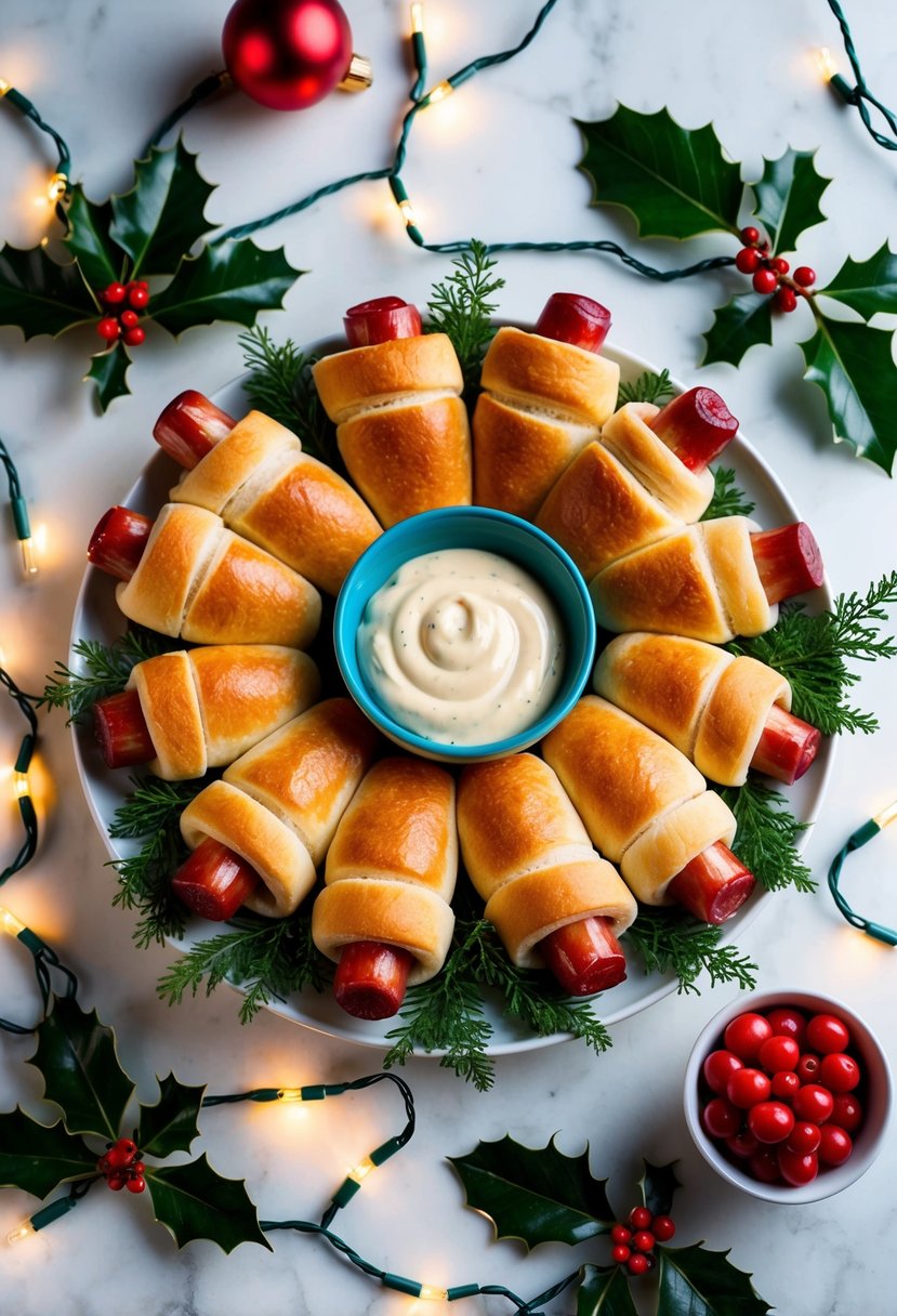 A festive platter of pigs in a blanket arranged around a bowl of dipping sauce, surrounded by sprigs of holly and twinkling Christmas lights