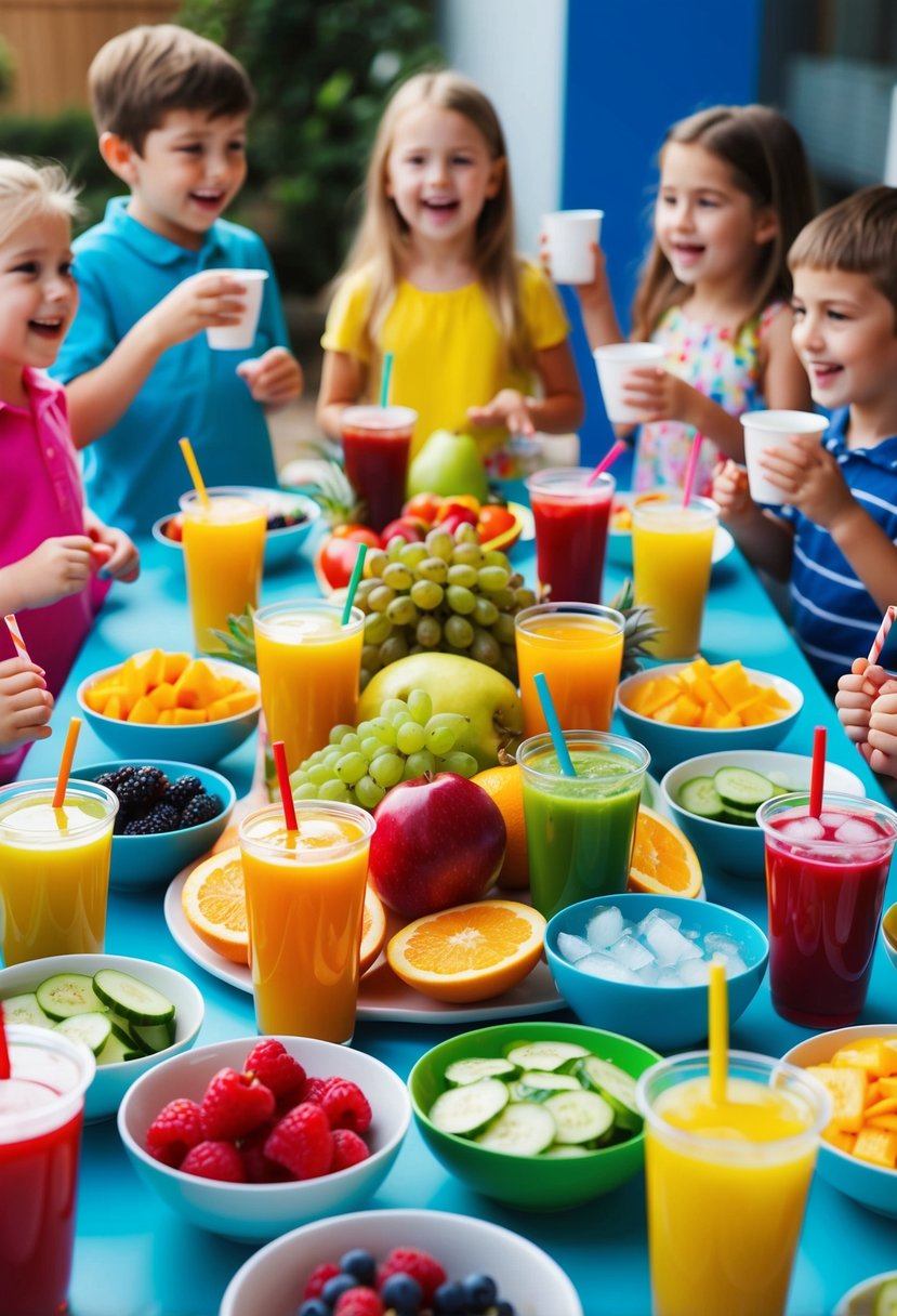 Colorful array of fruits and juices on a table, surrounded by excited kids with cups and straws. Bowls of ice and garnishes complete the setup