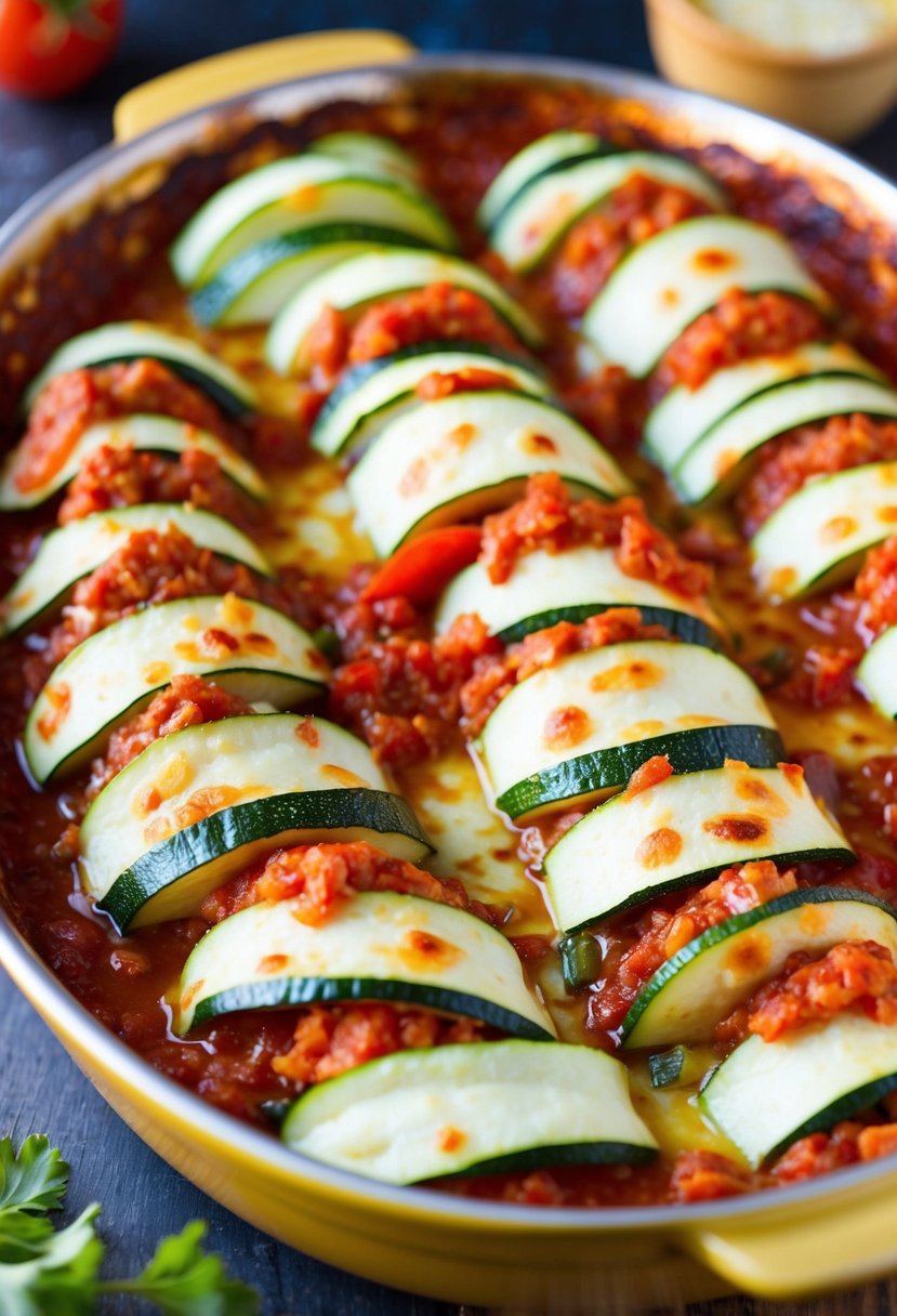 A colorful array of thinly sliced zucchini, layered with rich tomato sauce and creamy cheese, baked in a golden dish