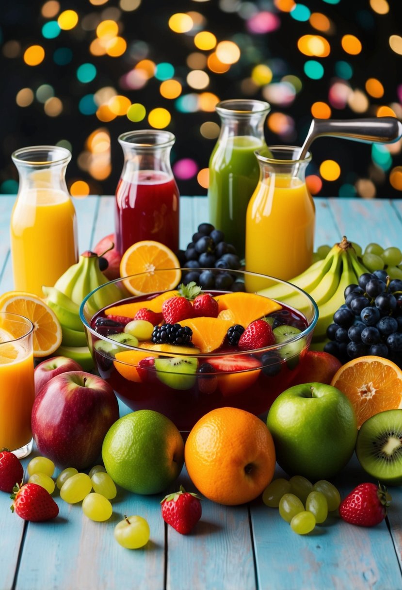 A colorful array of fresh fruits and a variety of fruit juices arranged around a punch bowl with a ladle