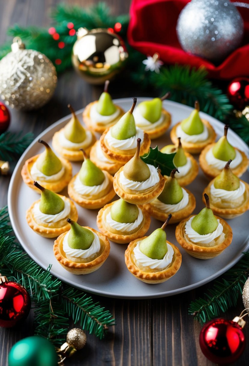 A platter of Gorgonzola Pear Puff Pastry Bites surrounded by festive Christmas decorations