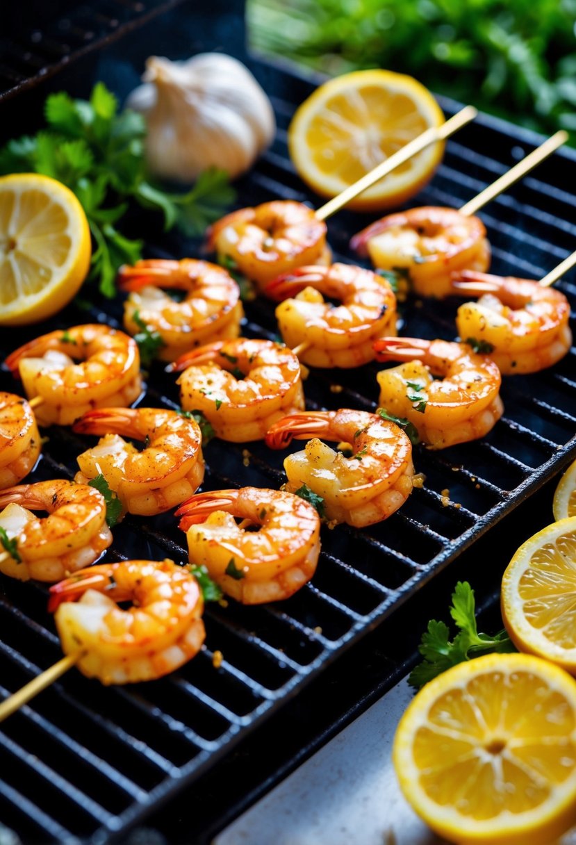 A sizzling grill with shrimp skewers, coated in spicy lemon garlic marinade, surrounded by vibrant herbs and citrus slices