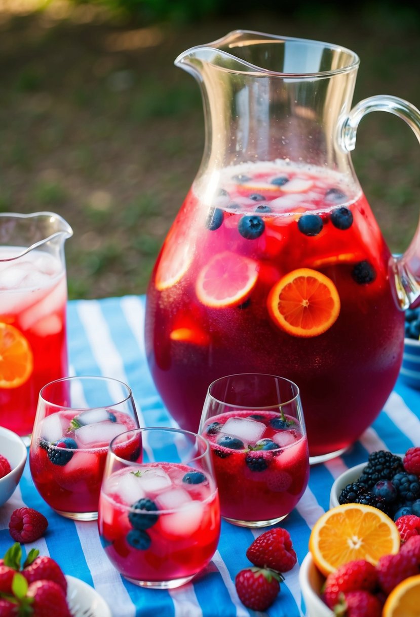 A large pitcher of Sparkling Berry Blast punch surrounded by fresh berries and ice cubes on a picnic table