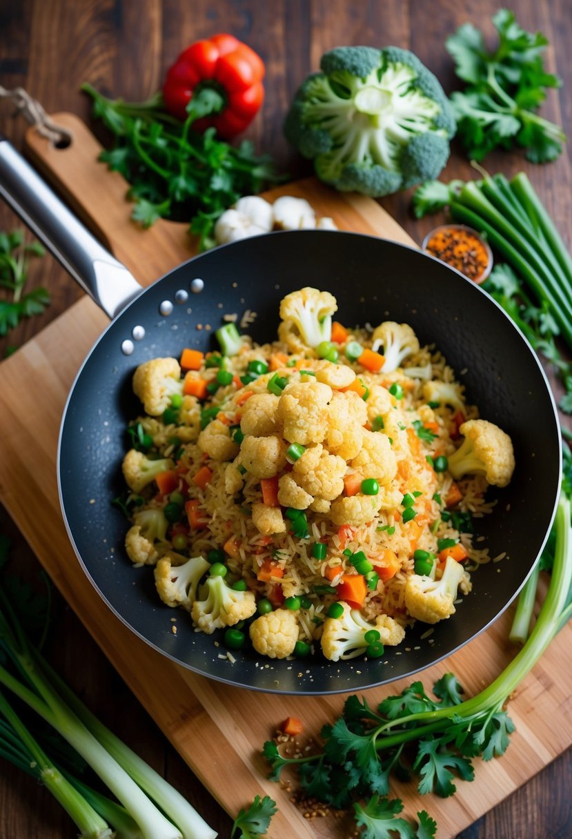 A sizzling wok filled with colorful cauliflower fried rice, surrounded by fresh vegetables and seasonings on a wooden cutting board