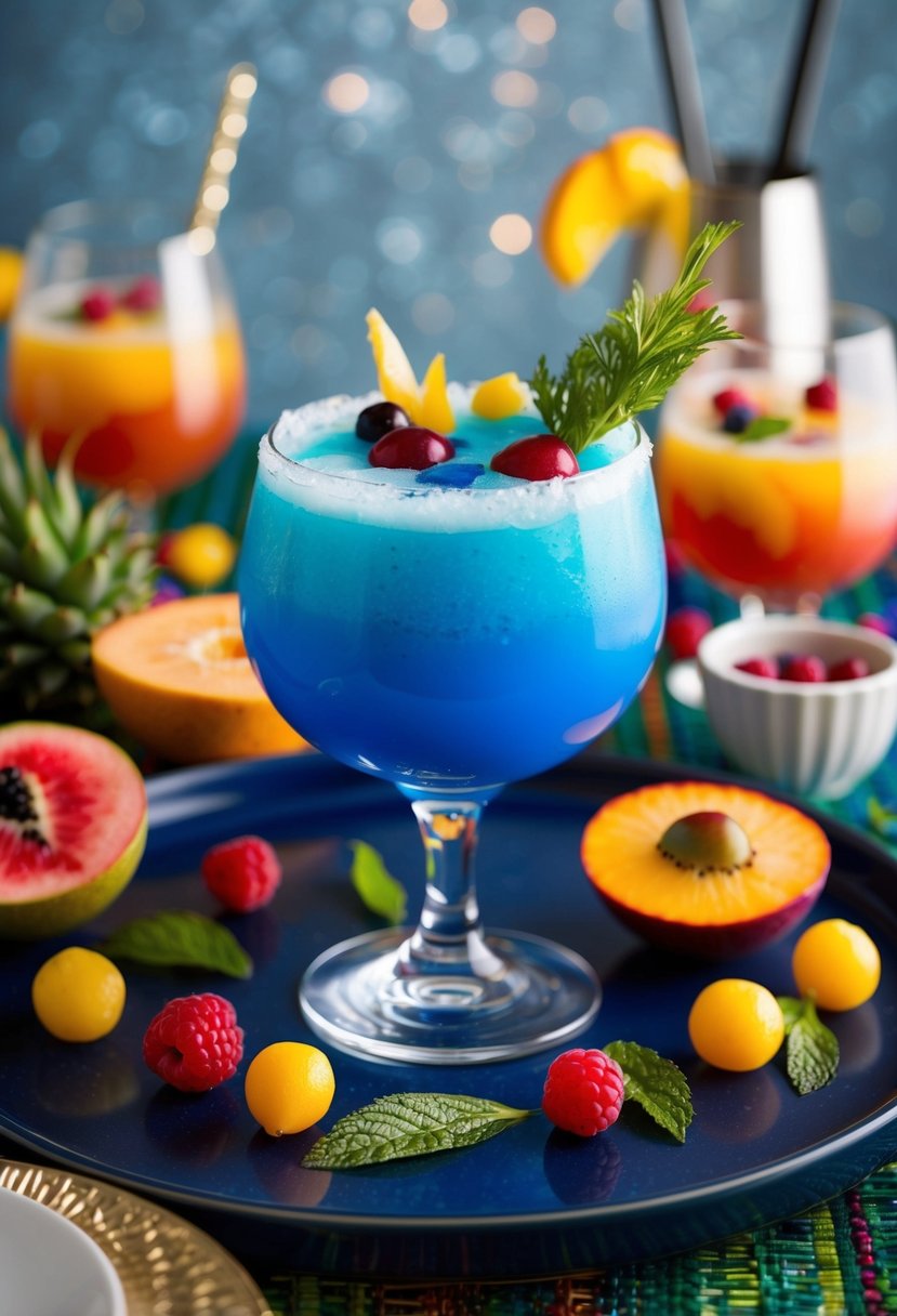 A vibrant blue monster mocktail surrounded by colorful fruit and garnishes on a festive table setting