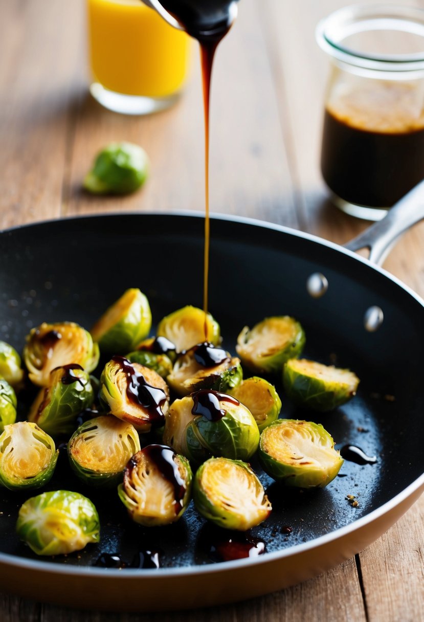 A sizzling pan of crispy Brussels sprouts drizzled with balsamic glaze