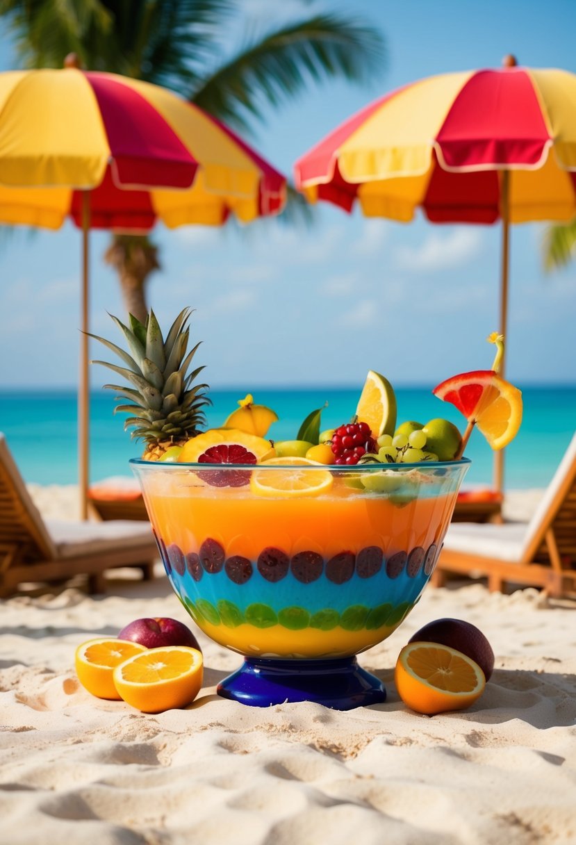 A colorful tropical punch bowl surrounded by fresh fruits and umbrellas on a sandy beach