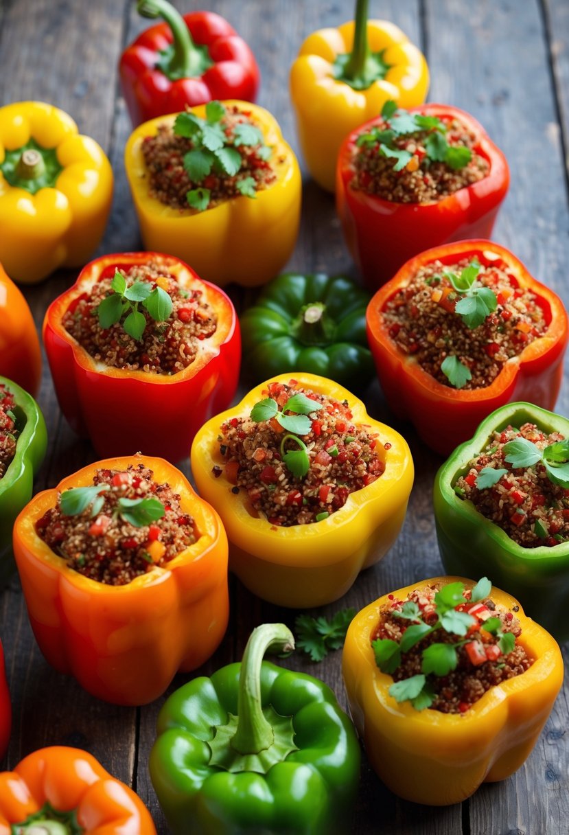 A colorful array of stuffed bell peppers filled with quinoa, arranged on a rustic wooden table