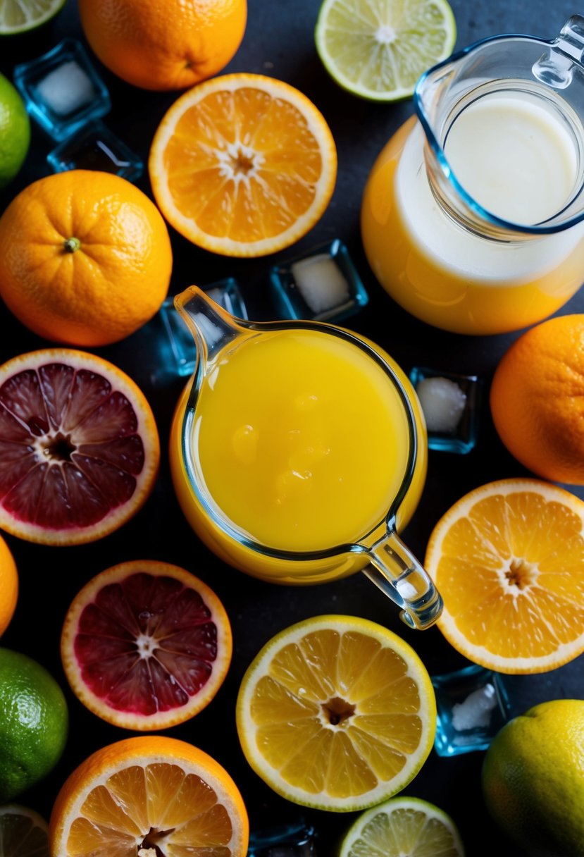 A colorful array of citrus fruits bursting with juice, surrounded by ice cubes and a pitcher, ready to be mixed into a refreshing kids' punch