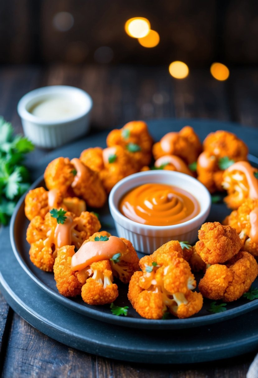 A platter of crispy buffalo cauliflower bites with dipping sauce