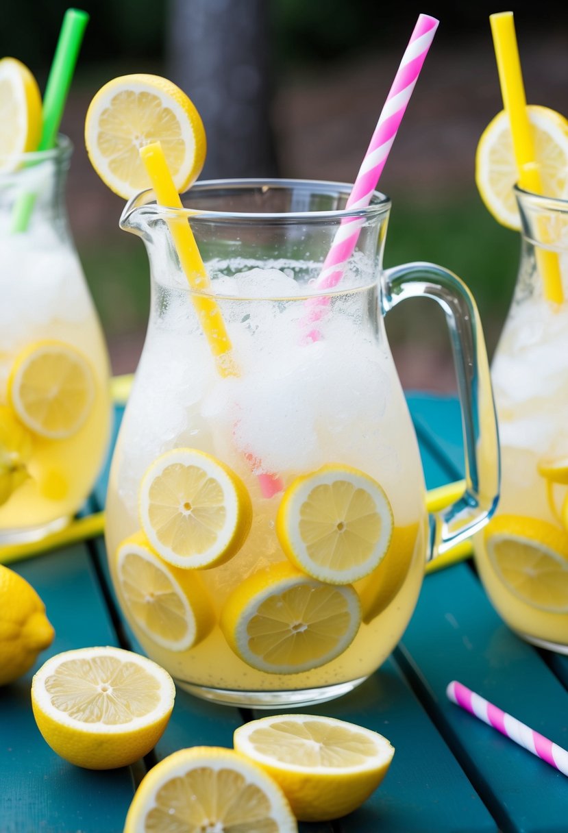 A glass pitcher filled with frozen lemonade fizz, surrounded by slices of lemon and colorful straws on a picnic table