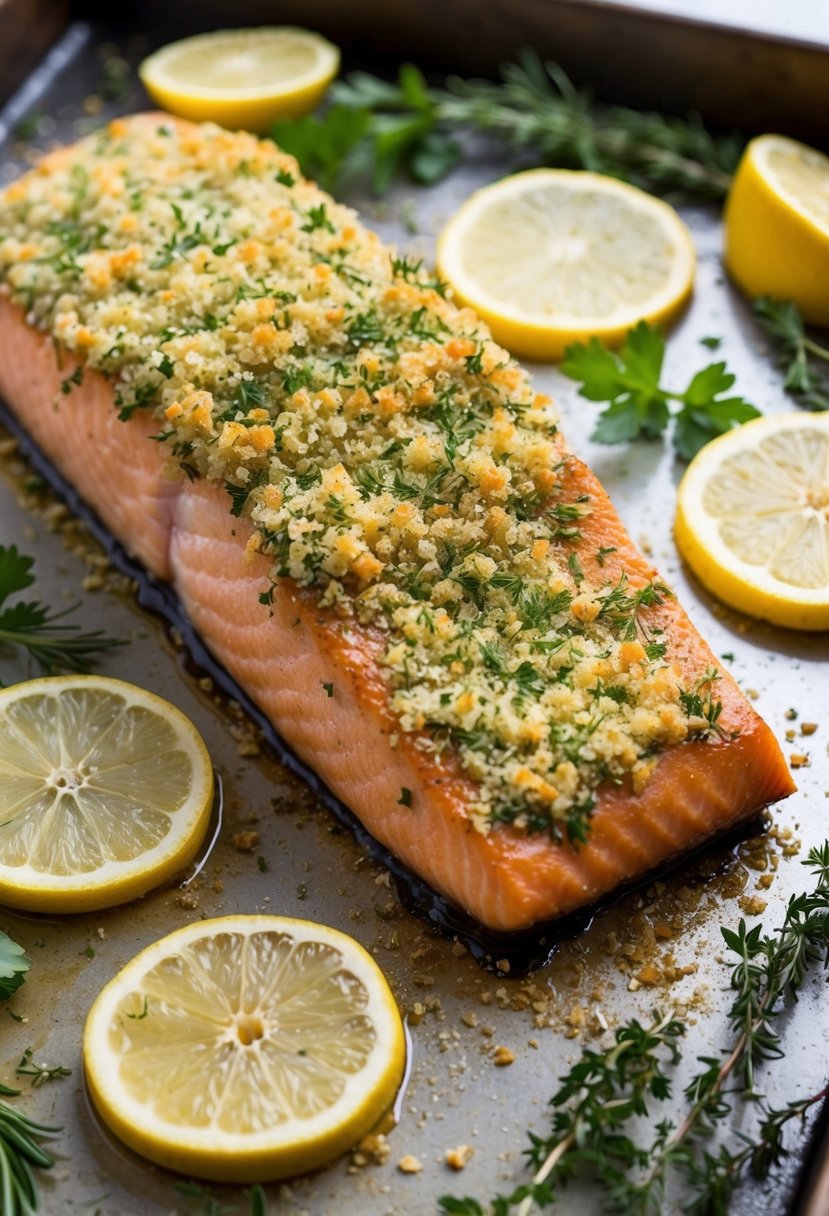 A golden-brown salmon fillet, coated in a fragrant herb crust, sizzling on a baking sheet surrounded by fresh herbs and lemon slices