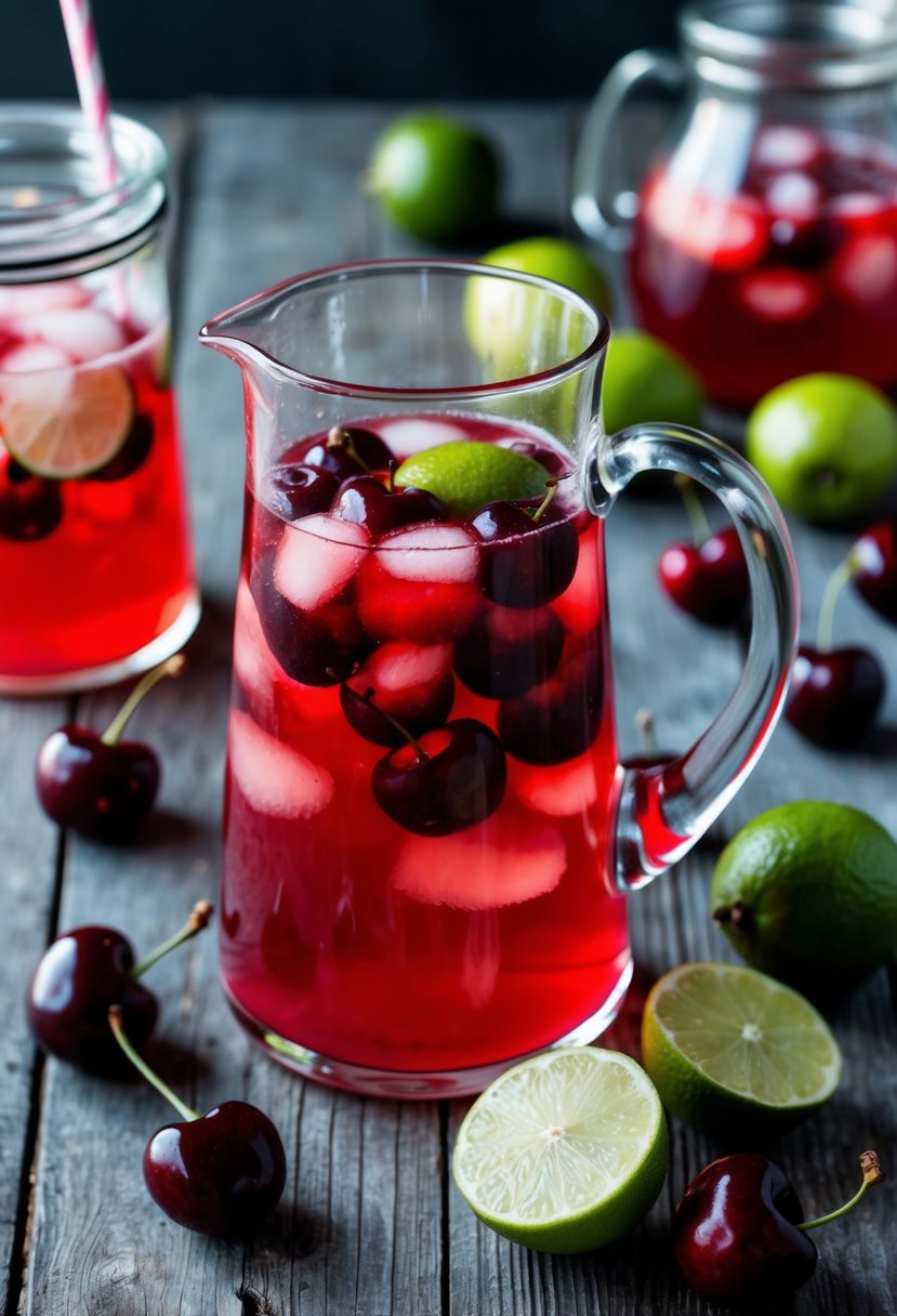 A glass pitcher filled with cherry limeade, surrounded by fresh cherries and limes on a rustic wooden table