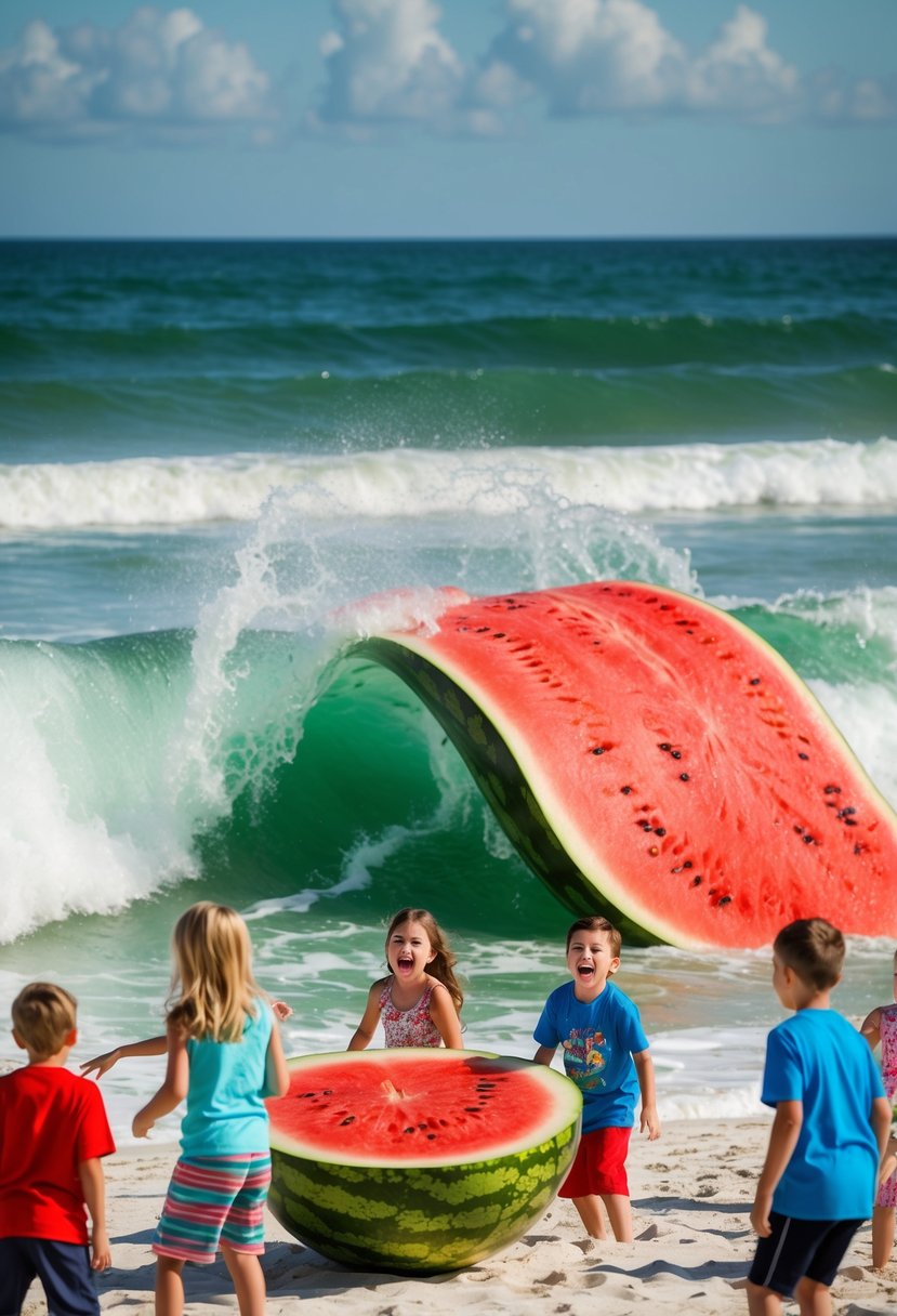 A watermelon wave crashing onto a beach, with a giant watermelon punch bowl in the foreground surrounded by excited kids