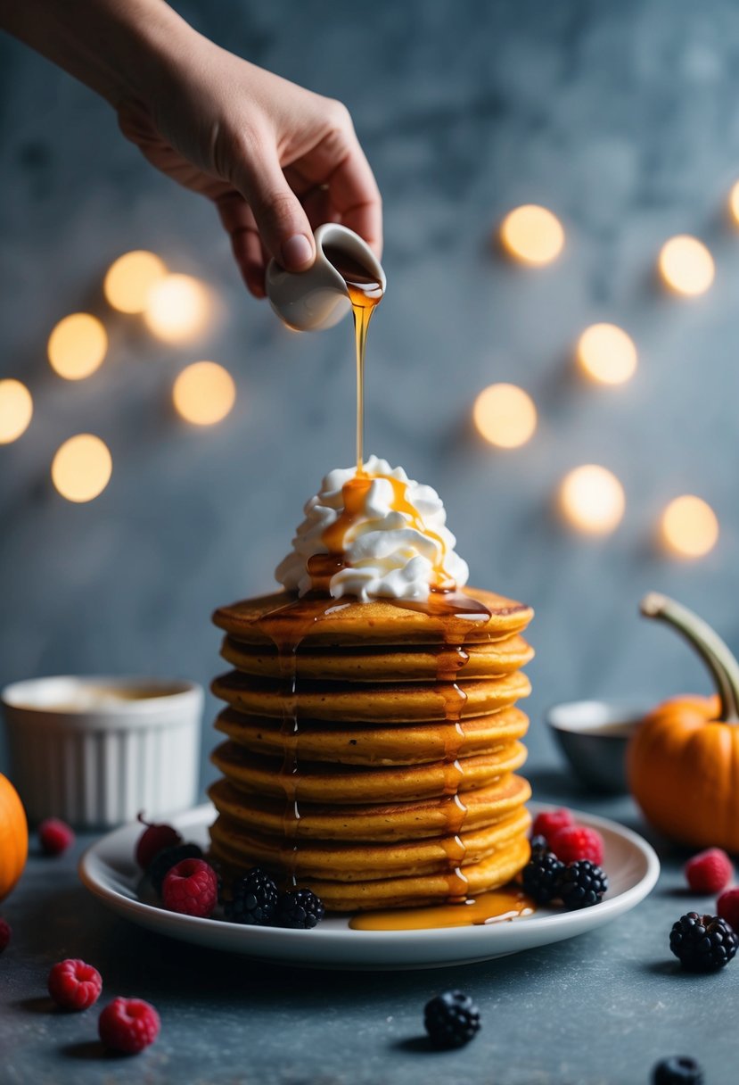 A stack of fluffy pumpkin pancakes with a dollop of whipped cream and a drizzle of maple syrup, surrounded by fresh kodiak berries