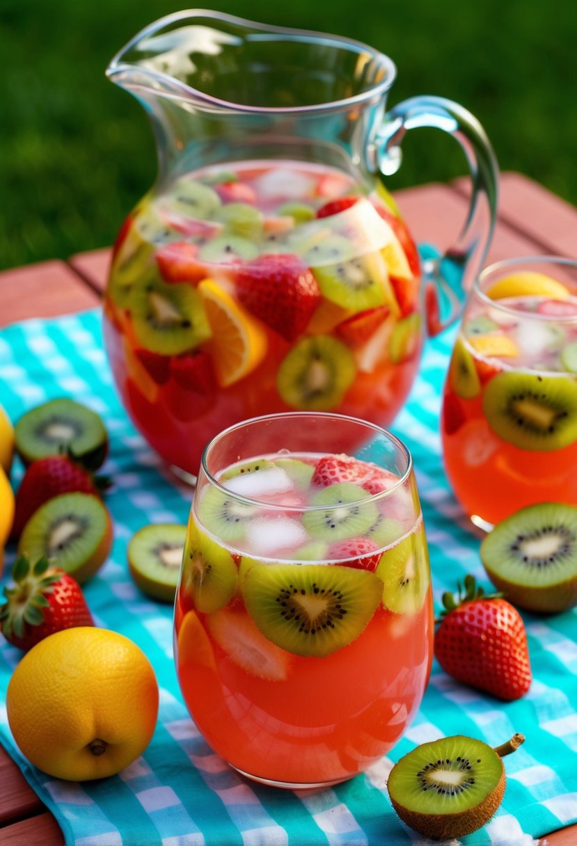 A pitcher of strawberry kiwi punch surrounded by fresh fruit and ice cubes on a picnic table