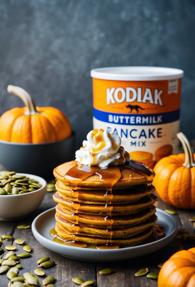 A stack of pumpkin pancakes topped with syrup and a dollop of whipped cream, surrounded by a bowl of Kodiak Buttermilk Pancake Mix and a scattering of pumpkin seeds