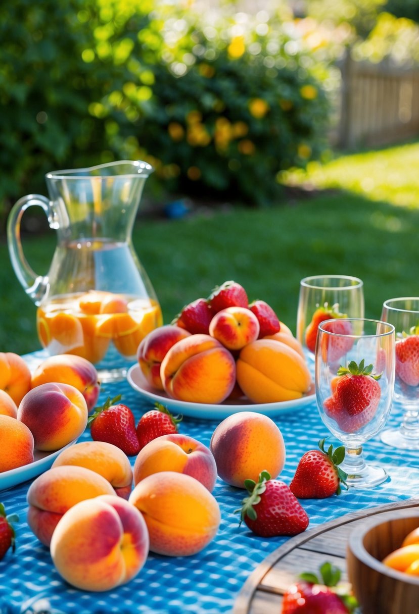 A colorful array of fresh peaches, oranges, and strawberries, along with a pitcher and glasses, set on a picnic table in a sunny garden