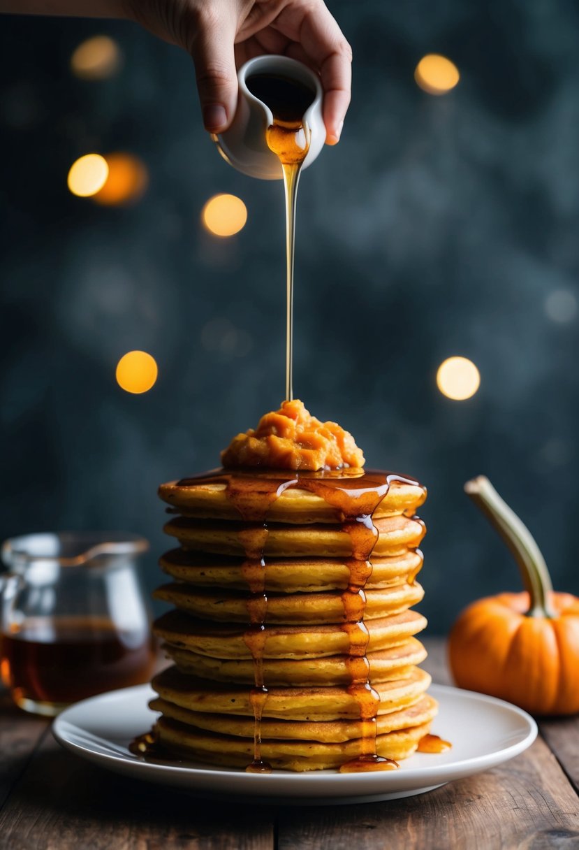 A stack of fluffy pumpkin pancakes topped with a dollop of pumpkin puree and drizzled with maple syrup