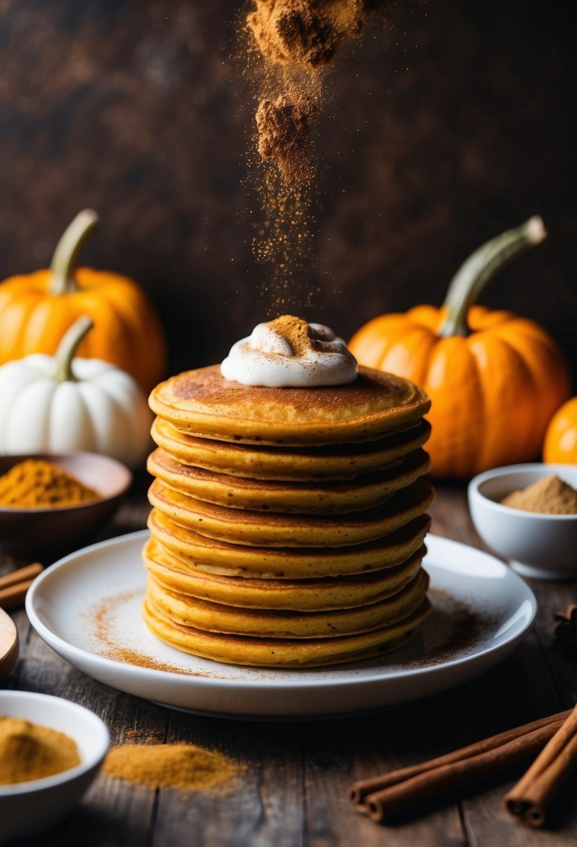 A stack of pumpkin pancakes topped with a sprinkling of cinnamon spice blend, surrounded by fresh ingredients and a warm, inviting atmosphere