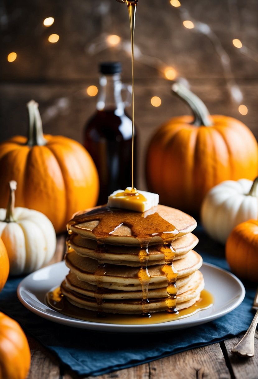 Golden pancakes topped with a rich drizzle of maple syrup, surrounded by pumpkins and a bottle of syrup