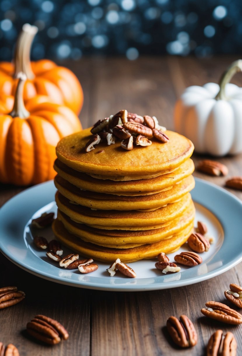 A stack of pumpkin pancakes topped with chopped pecans on a plate